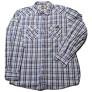 PHAT FARM Men Size XL Classic American Flava Patch Blue Plaid Button Shirt